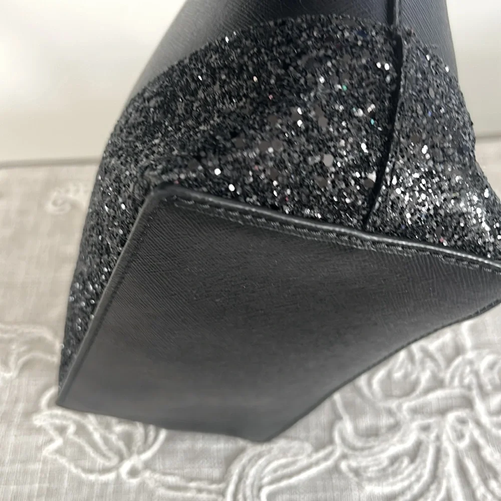 Kate Spade NY Black Greta Court Glitter & Staffiano  Satchel Bag